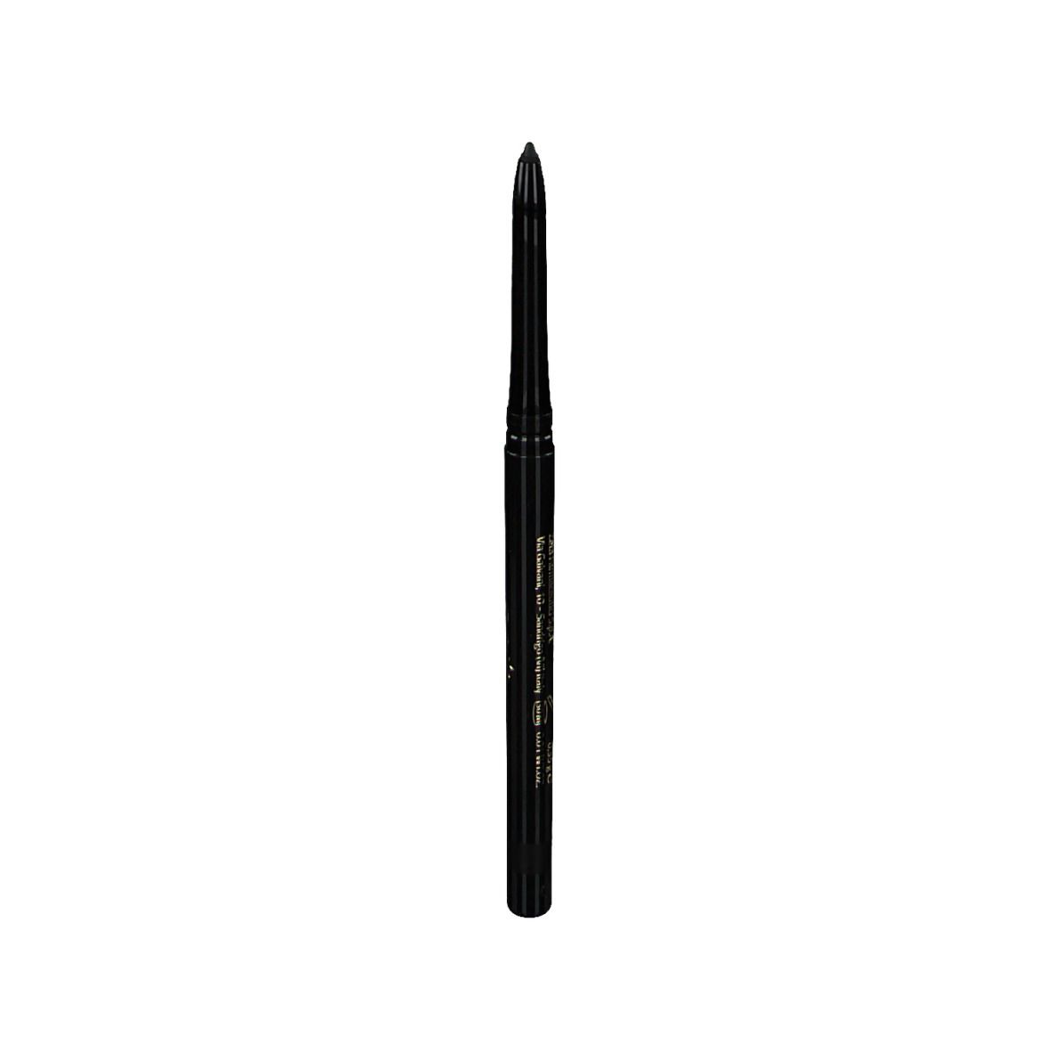 Schwarzer, wasserfester Augenstift. Zylindrische Form mit spitzer Mine. Aufschrift.