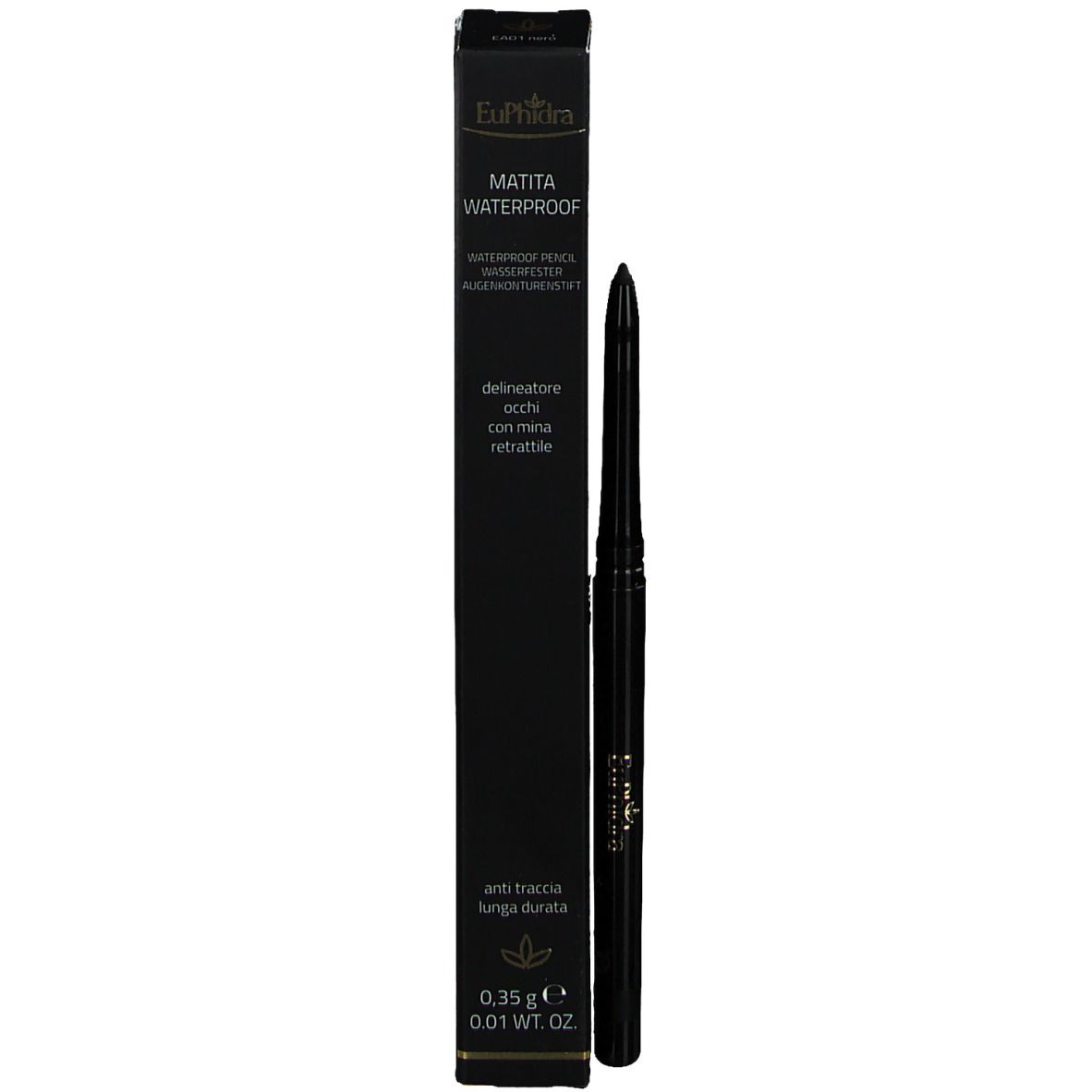 Schwarzer, wasserfester Augenstift und Verpackung. Aufschrift: Matita Waterproof.
