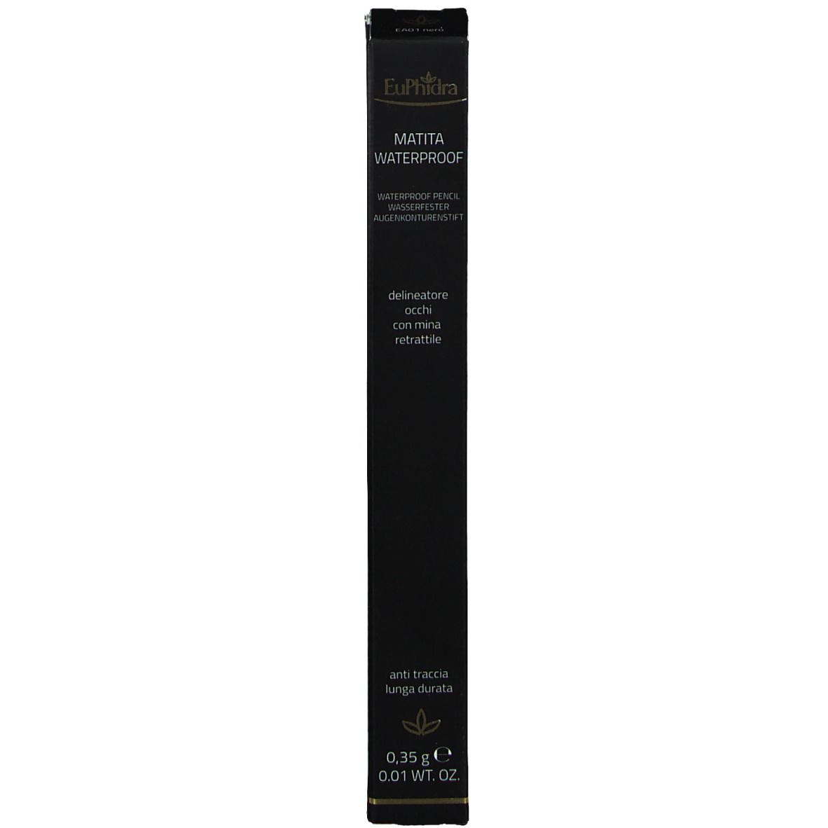 Schwarzer, wasserfester Augenstift und Verpackung. Aufschrift: Matita Waterproof.