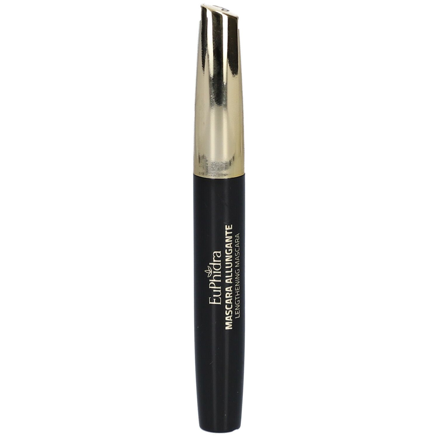 Spazzola per mascara nera con cappuccio dorato. Sul flacone è scritto « EuPhidra Mascara Allungante Lengthening Mascara ».