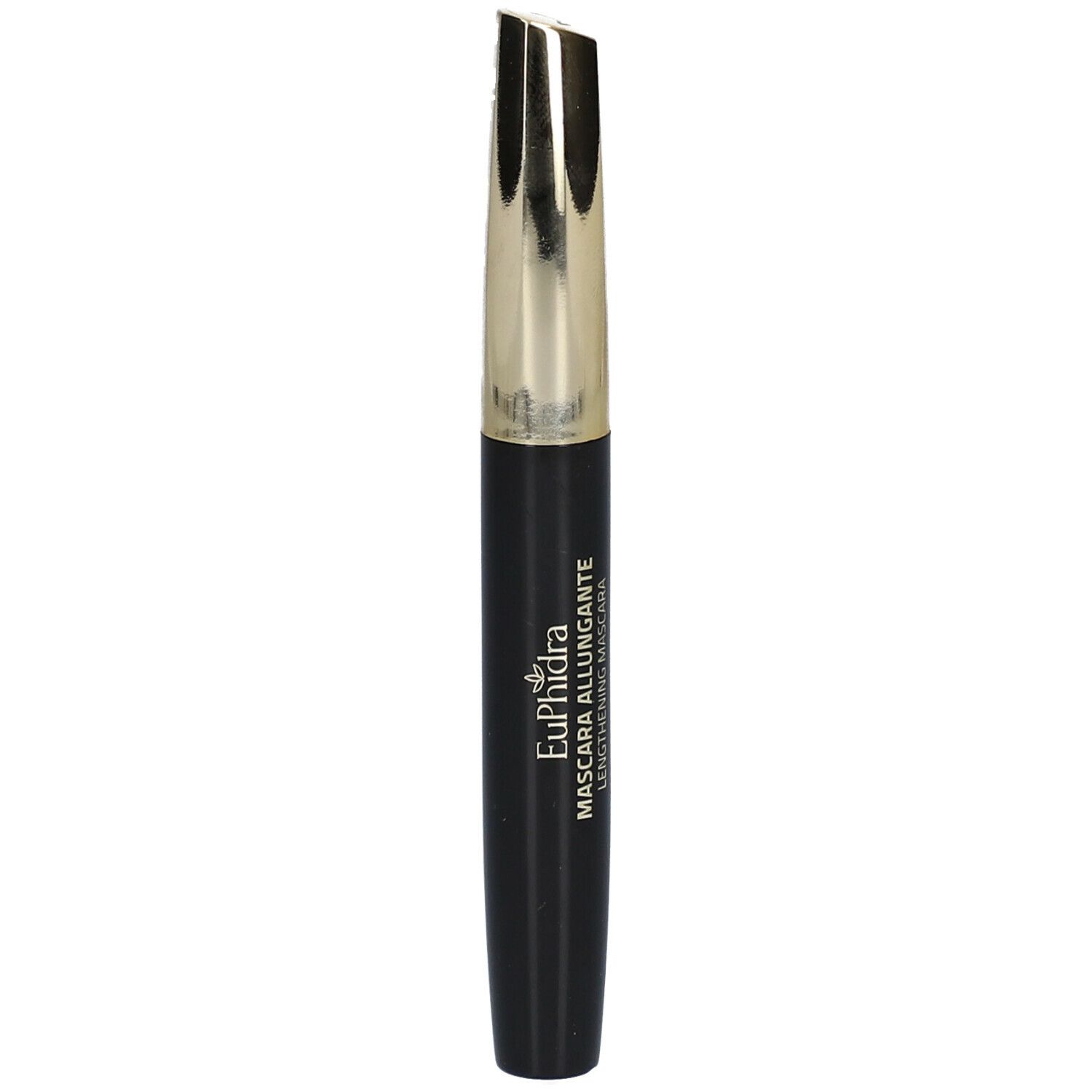Spazzola per mascara nera con cappuccio dorato. Sul flacone è scritto « EuPhidra Mascara Allungante Lengthening Mascara ».