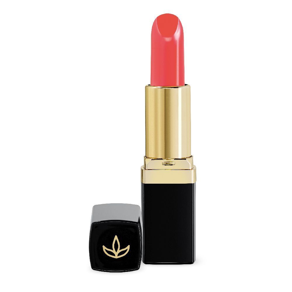 Rossetto corallo. Corpo dorato, base nera. Tappo accanto. Logo sul tappo.