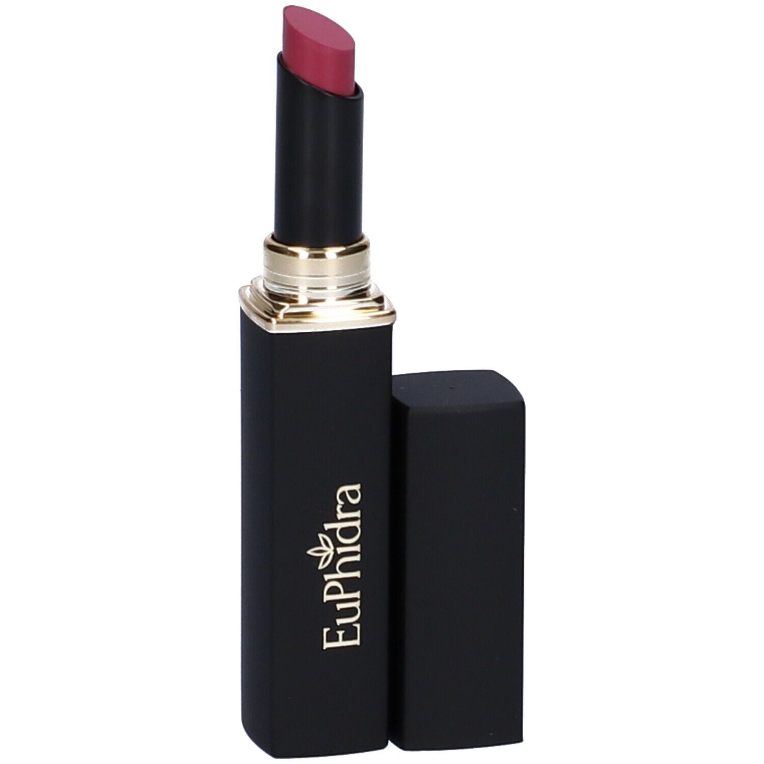 Rossetto con astuccio nero e cappuccio aperto. Il rossetto è rosso-marrone. Euphidra è scritto sull'astuccio.