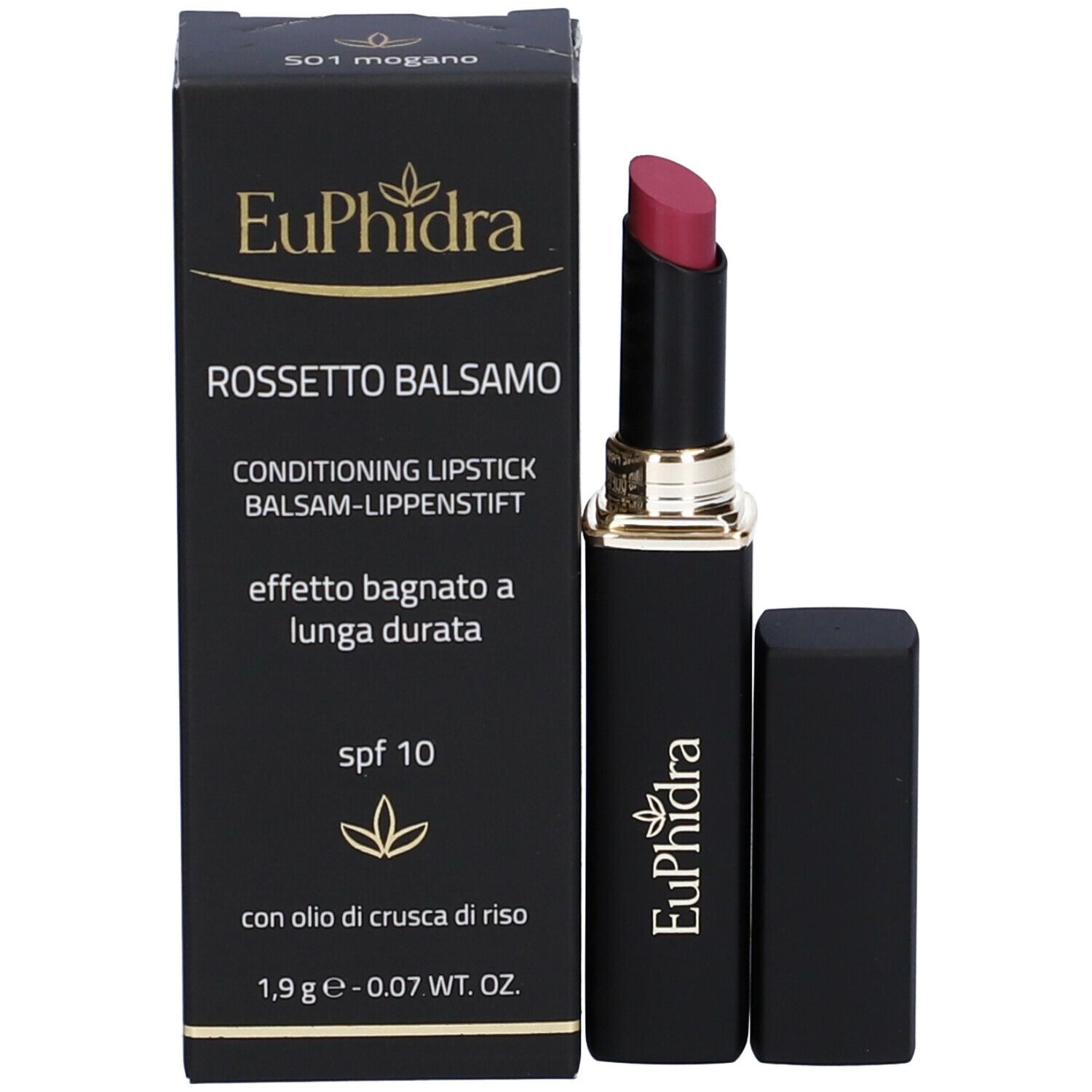 Rossetto con astuccio nero, accanto a una scatola nera. Sulla scatola c'è scritto Euphidra Rossetto Balsamo.