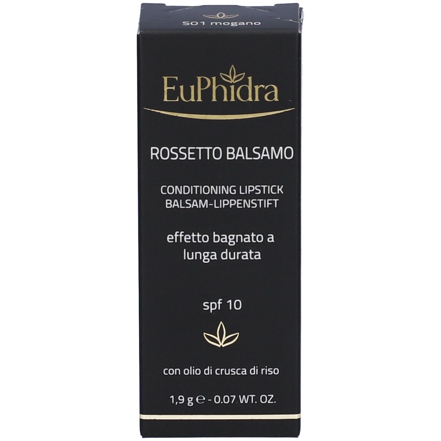 Scatola nera con testo bianco. Sulla scatola c'è scritto Euphidra Rossetto Balsamo. Testo: Conditioning Lipstick, SPF 10.