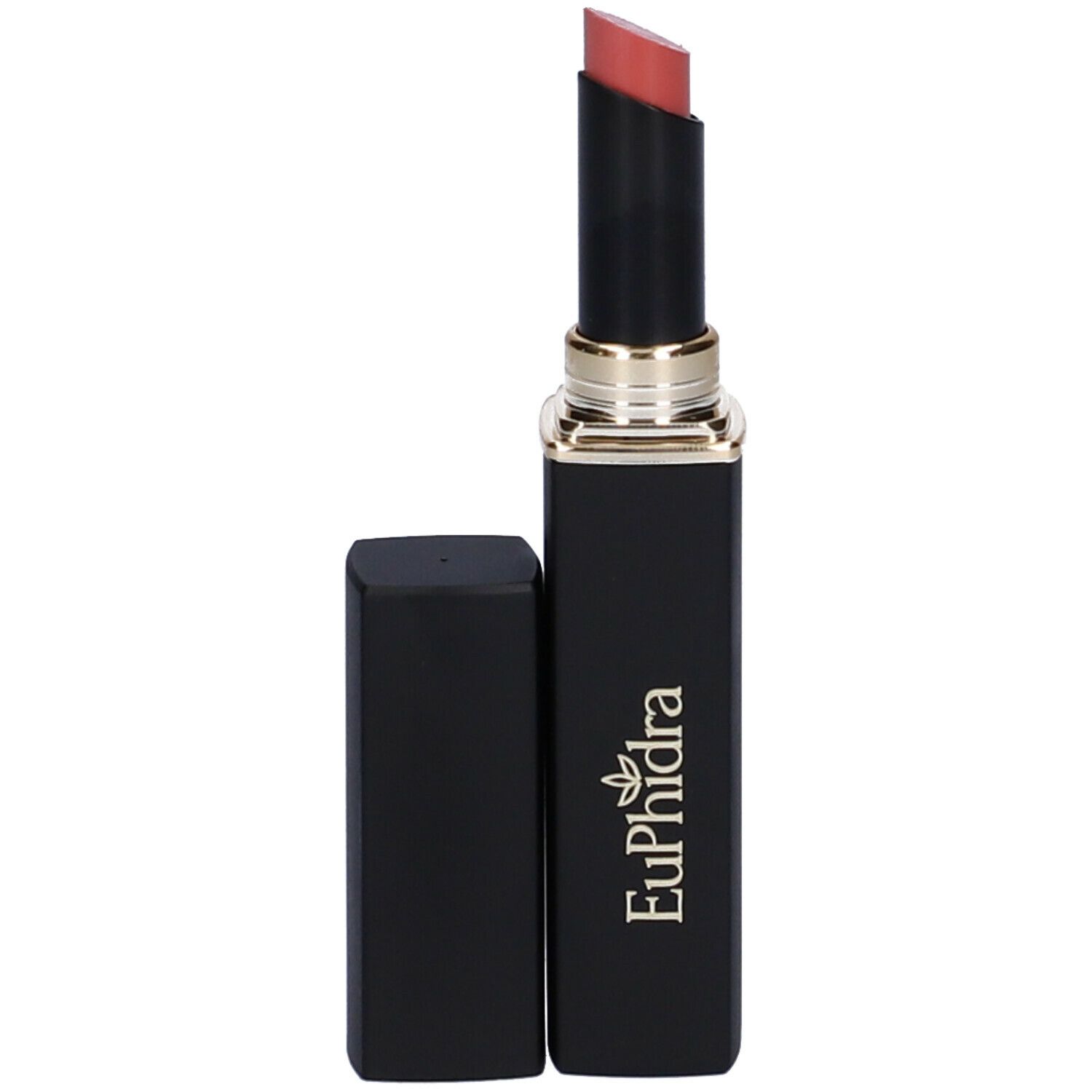 Rossetto Castagno, astuccio nero con anello dorato. Tappo accanto.