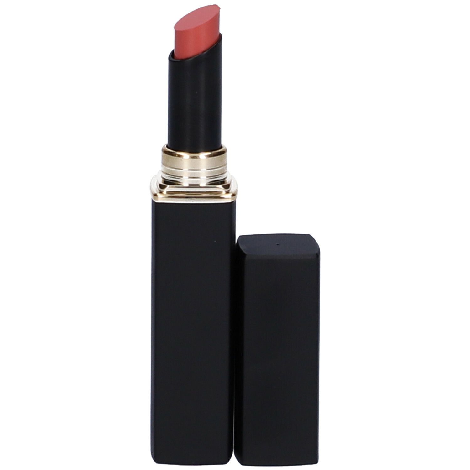 Rossetto Castagno, astuccio nero con anello dorato. Tappo accanto.