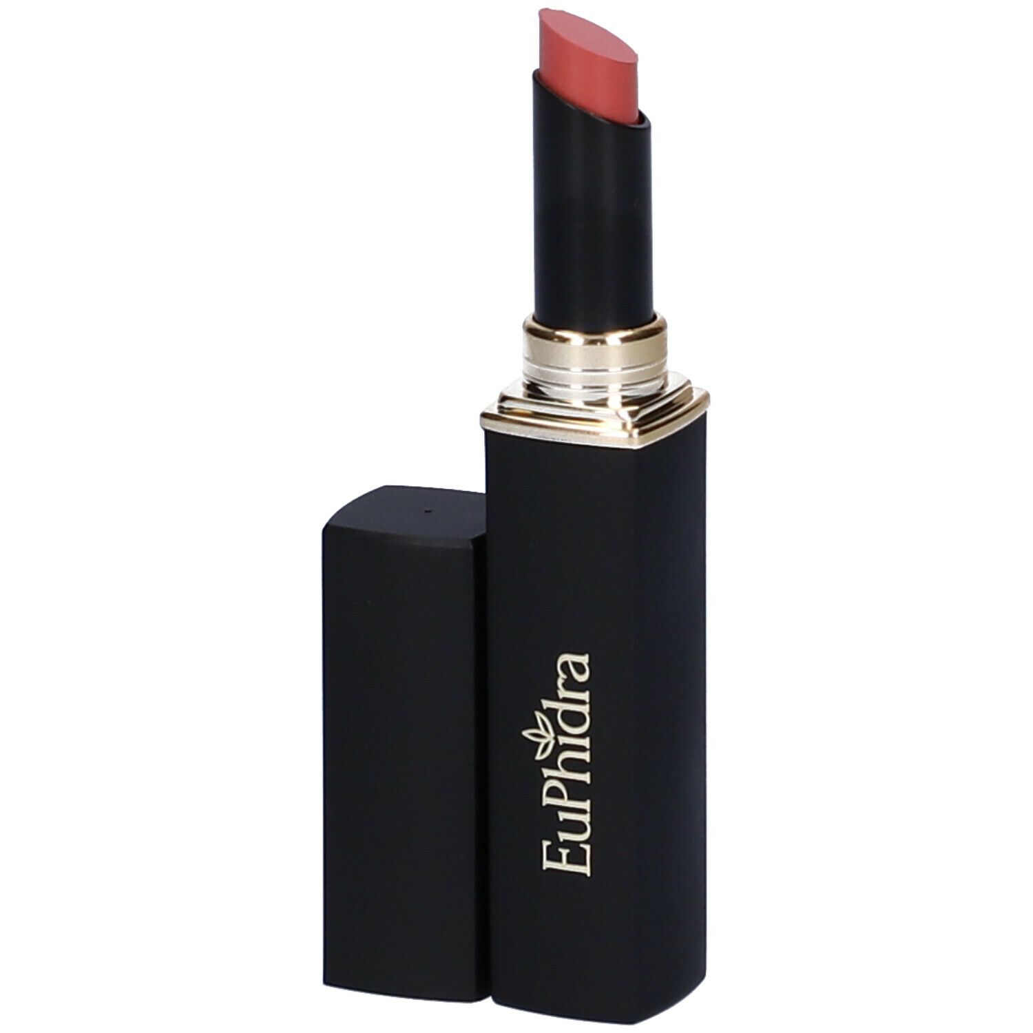 Rossetto Castagno, astuccio nero con anello dorato. Tappo accanto.