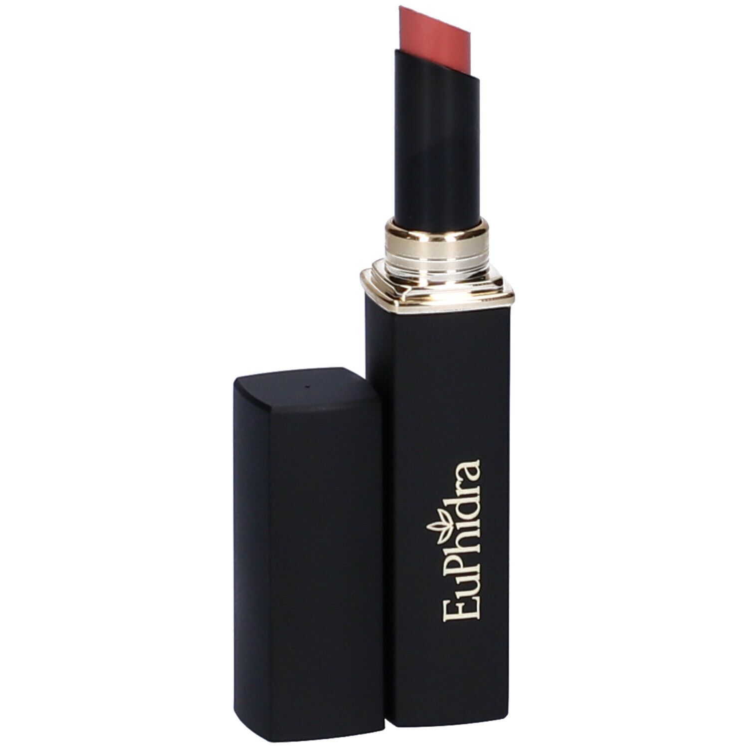 Rossetto Castagno, astuccio nero con anello dorato. Tappo accanto.