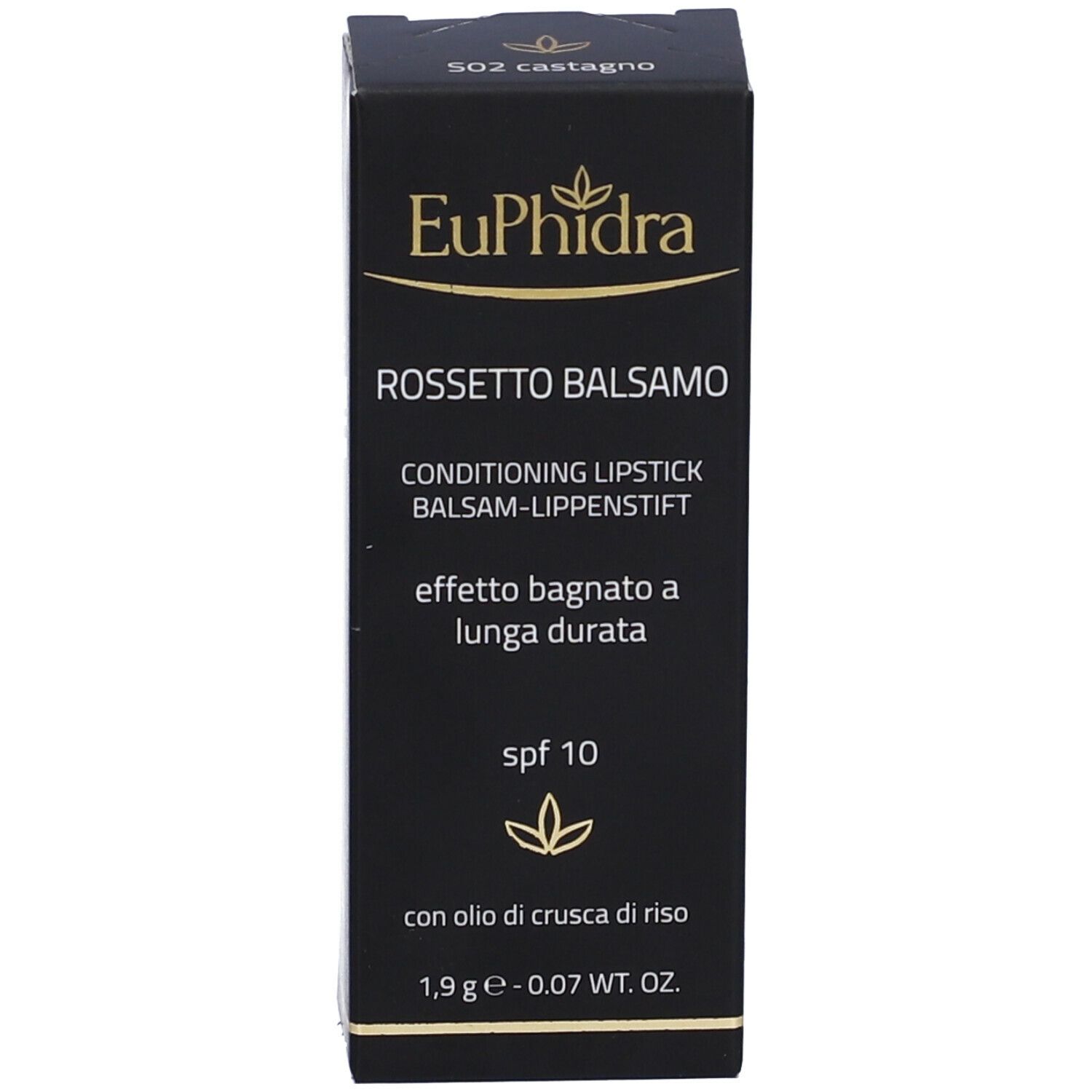 Confezione nera con nome e dettagli del prodotto. Rossetto Balsamo, SPF 10.