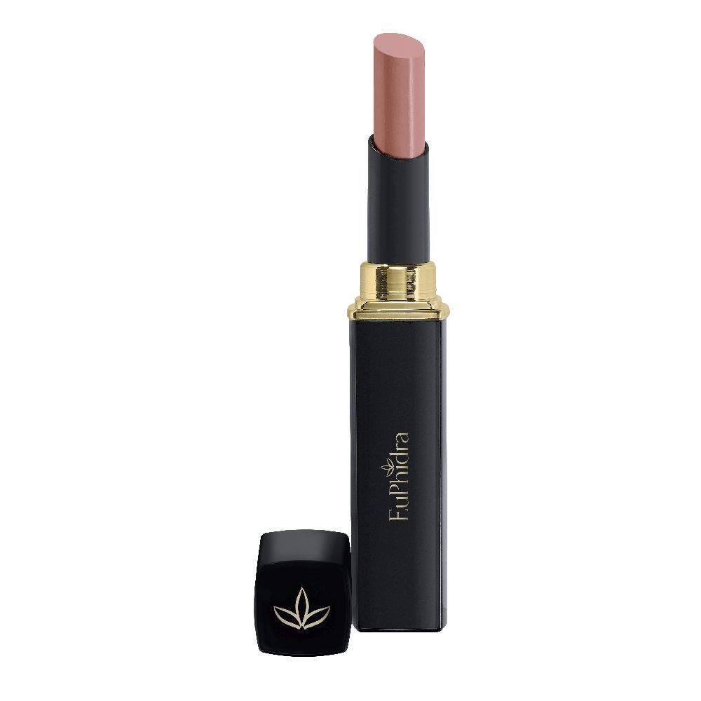Rossetto nude in astuccio nero e oro. Tappo nero aperto. Marchio Euphidra visibile sull'astuccio.