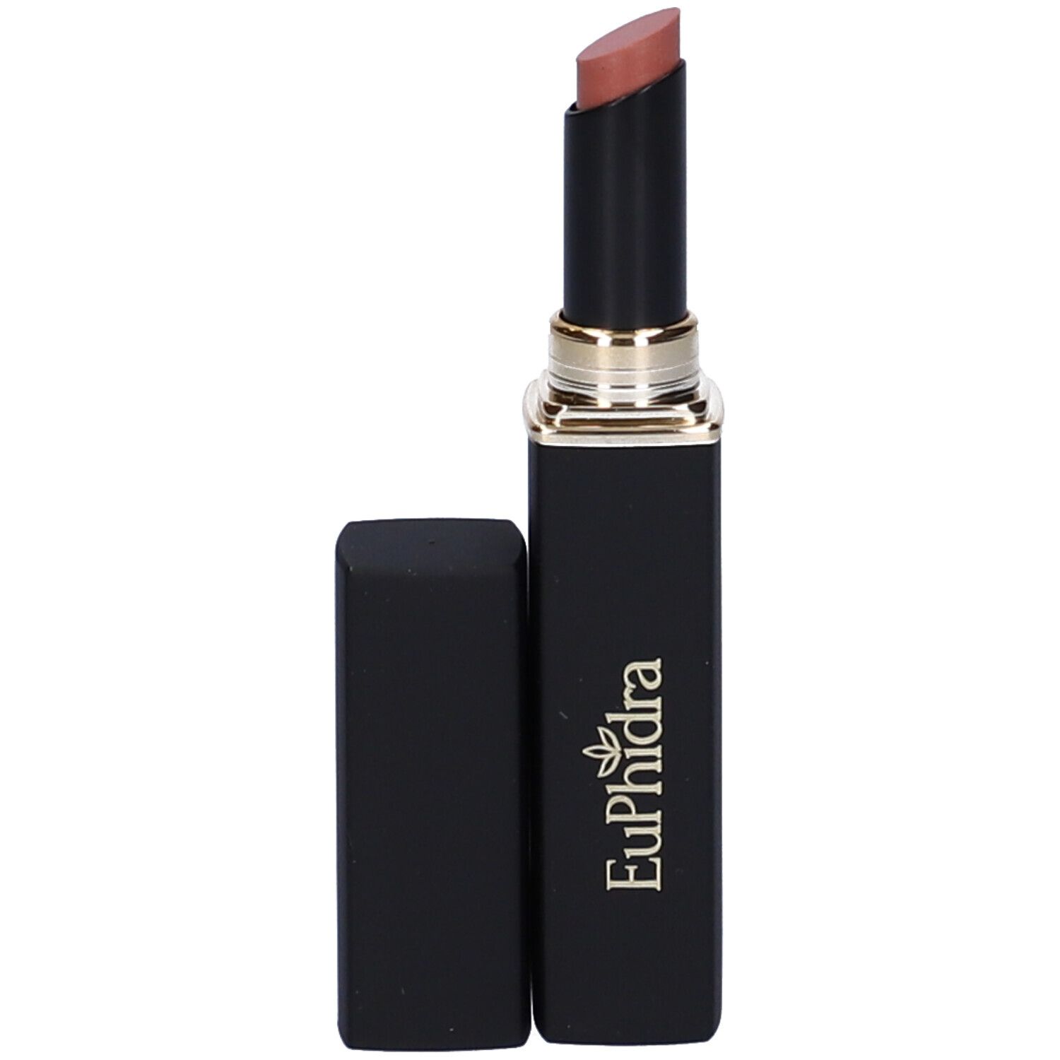 Rossetto Ecru in astuccio nero. Tappo accanto. Dettagli dorati. Marchio Euphidra.