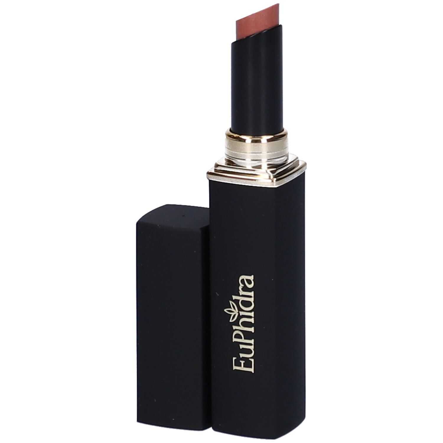 Rossetto Ecru in astuccio nero. Tappo accanto. Dettagli dorati. Marchio Euphidra.