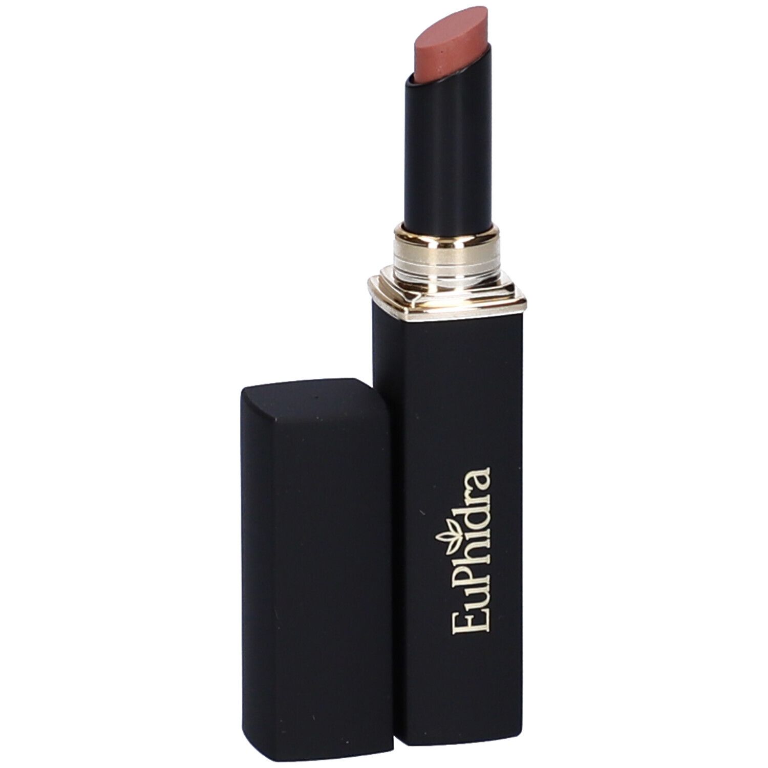 Rossetto Ecru in astuccio nero. Tappo accanto. Dettagli dorati. Marchio Euphidra.