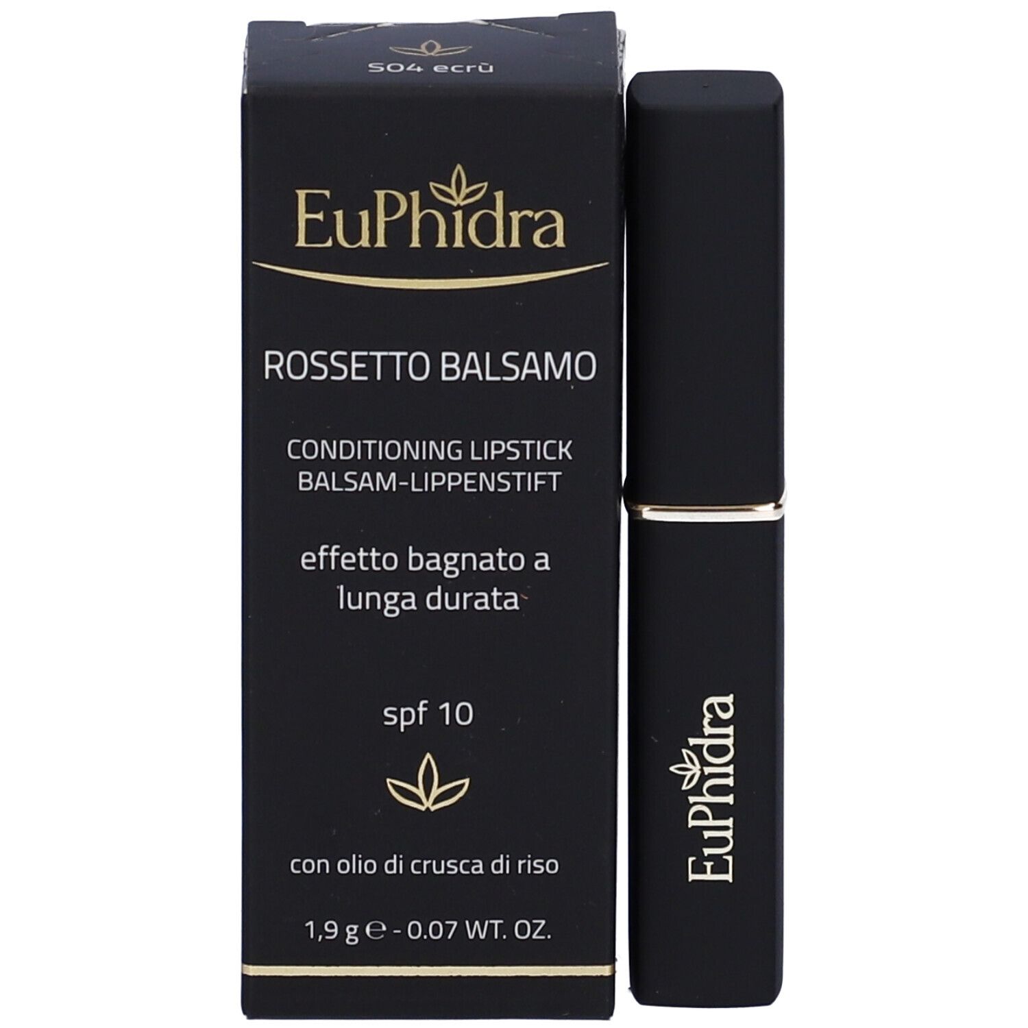Rossetto e confezione. Confezione nera con informazioni sul prodotto. Marchio Euphidra.