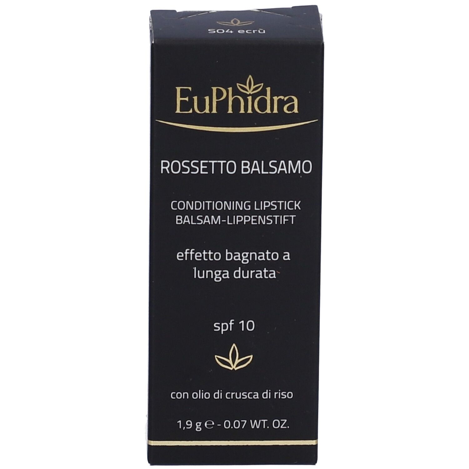 Confezione con informazioni sul prodotto. Marchio Euphidra. Testo: Rossetto Balsamo, SPF 10.