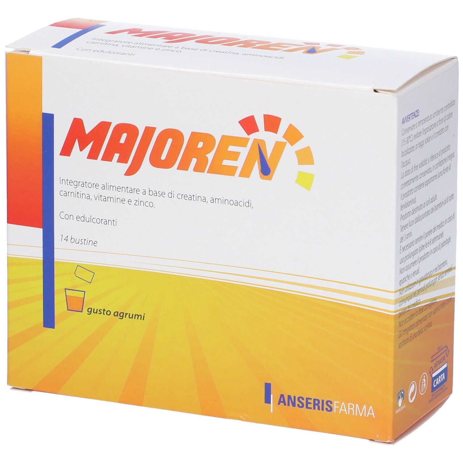 Confezione di integratore alimentare. Scritta: MAJOREN, 14 bustine, gusto agrumi.