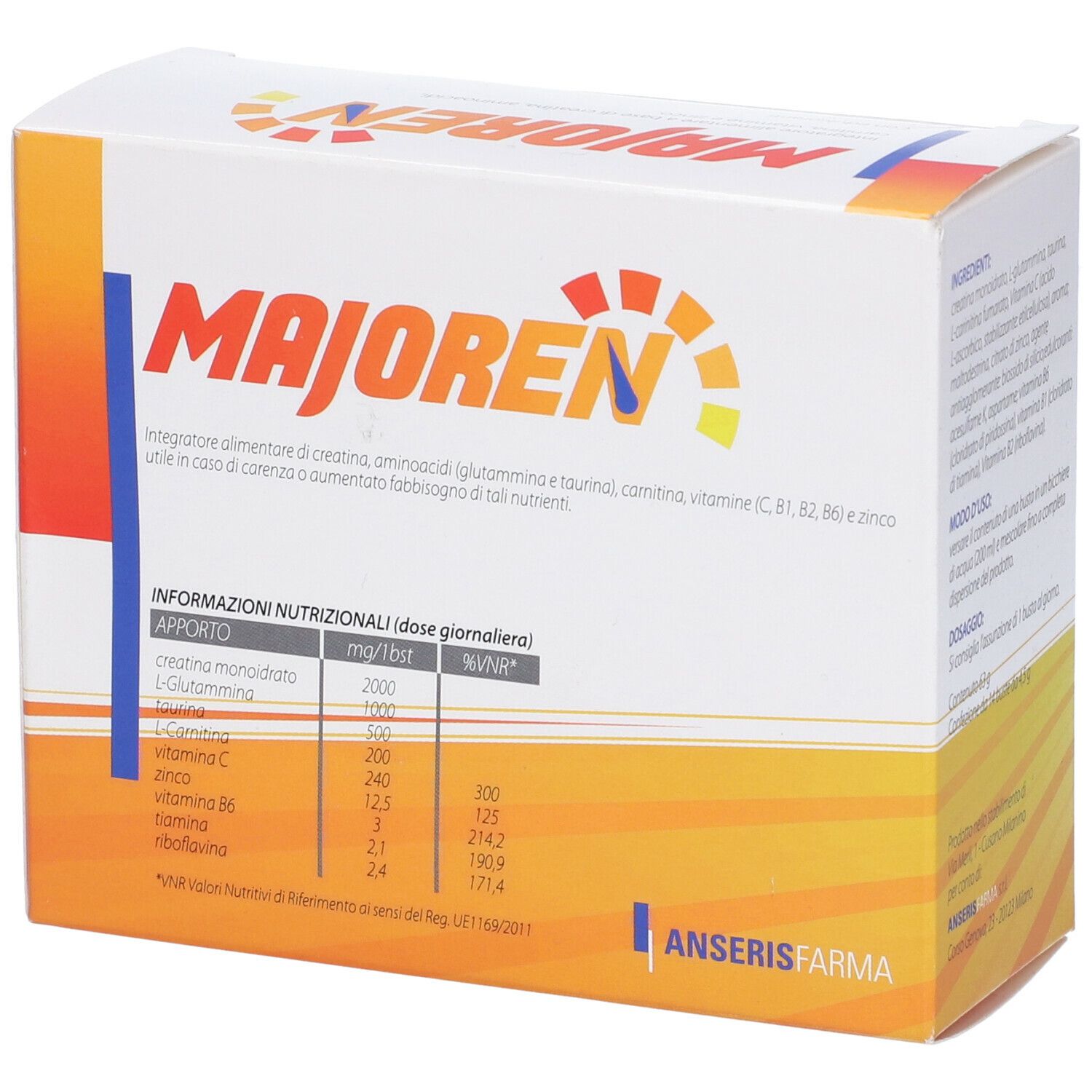 Confezione di integratore alimentare. Scritta: MAJOREN. Informazioni nutrizionali.