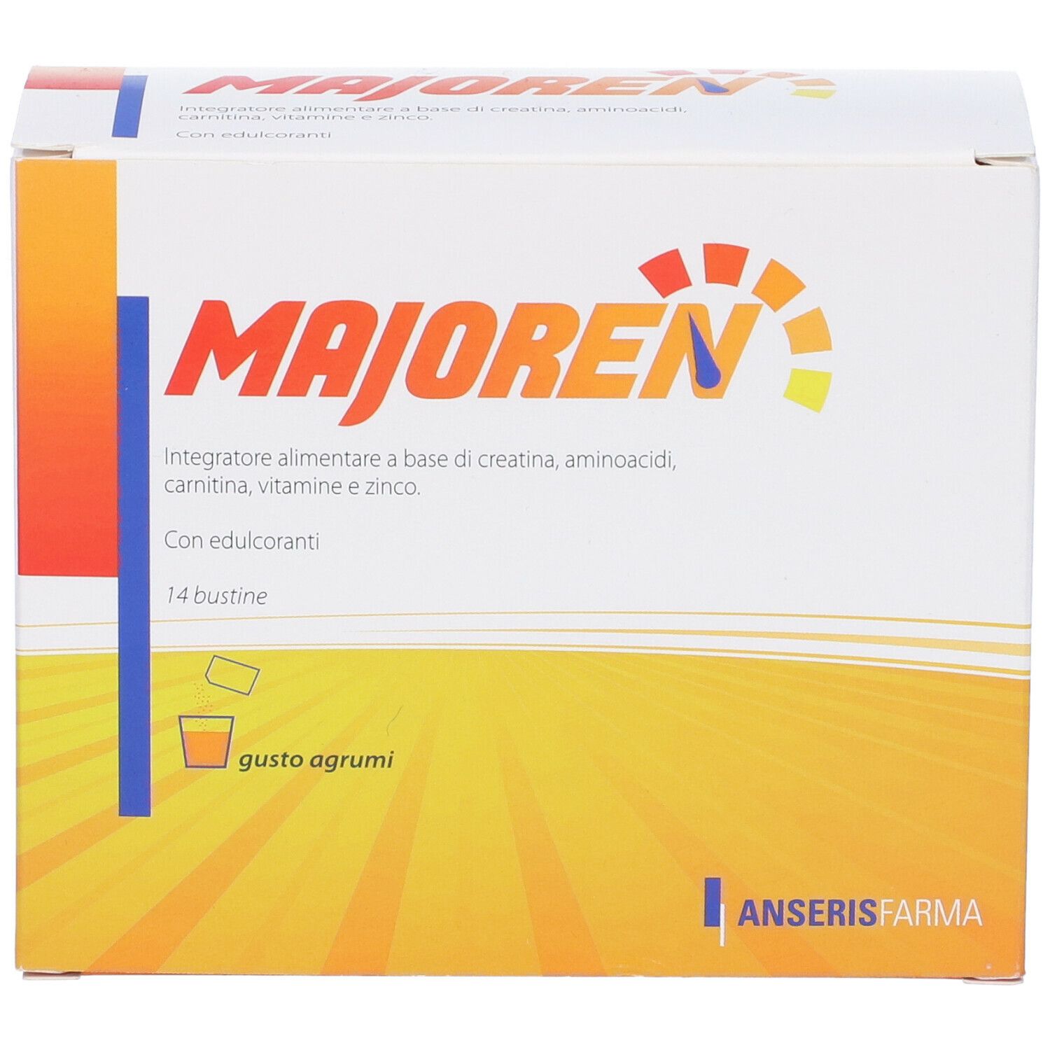 Confezione di integratore alimentare. Scritta: MAJOREN, 14 bustine, gusto agrumi.