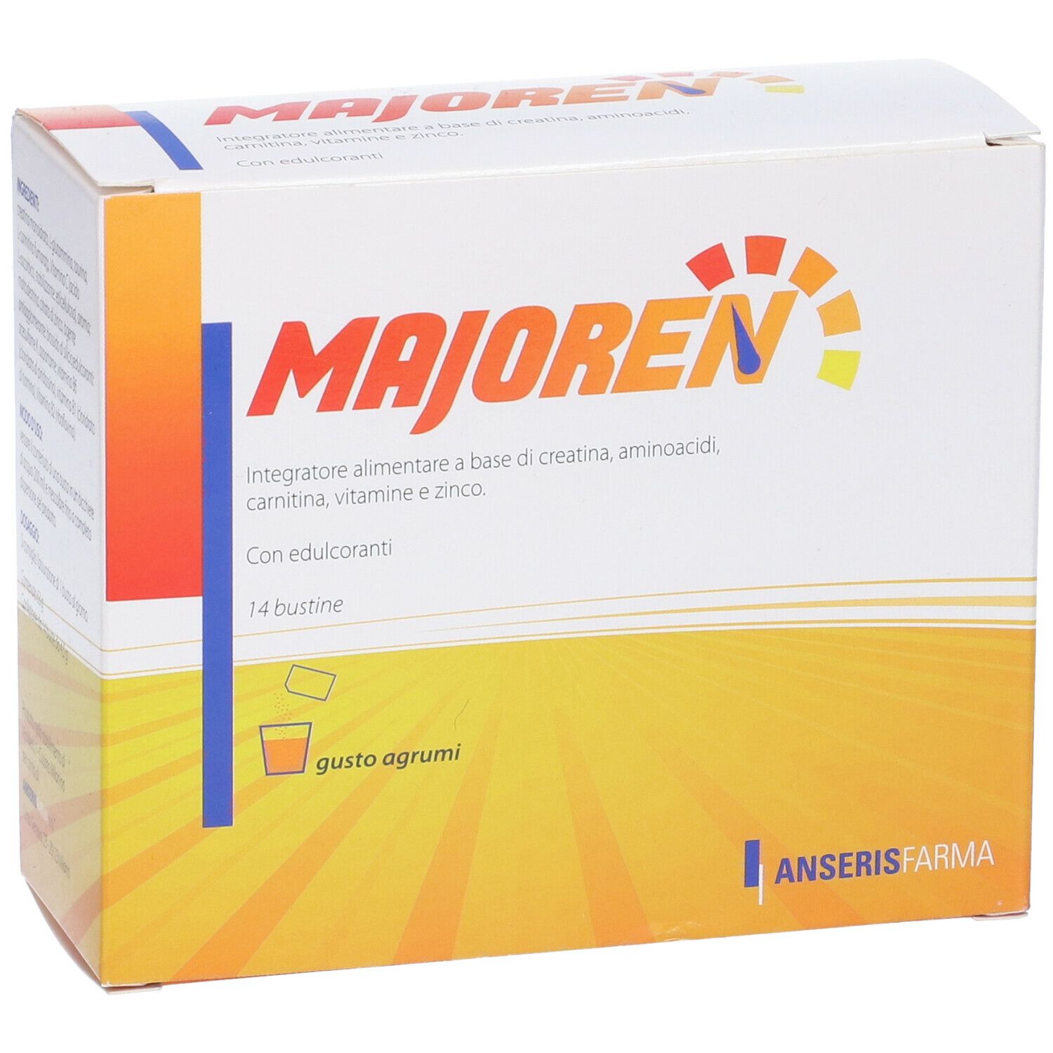 Confezione di integratore alimentare. Scritta: MAJOREN, 14 bustine, gusto agrumi.