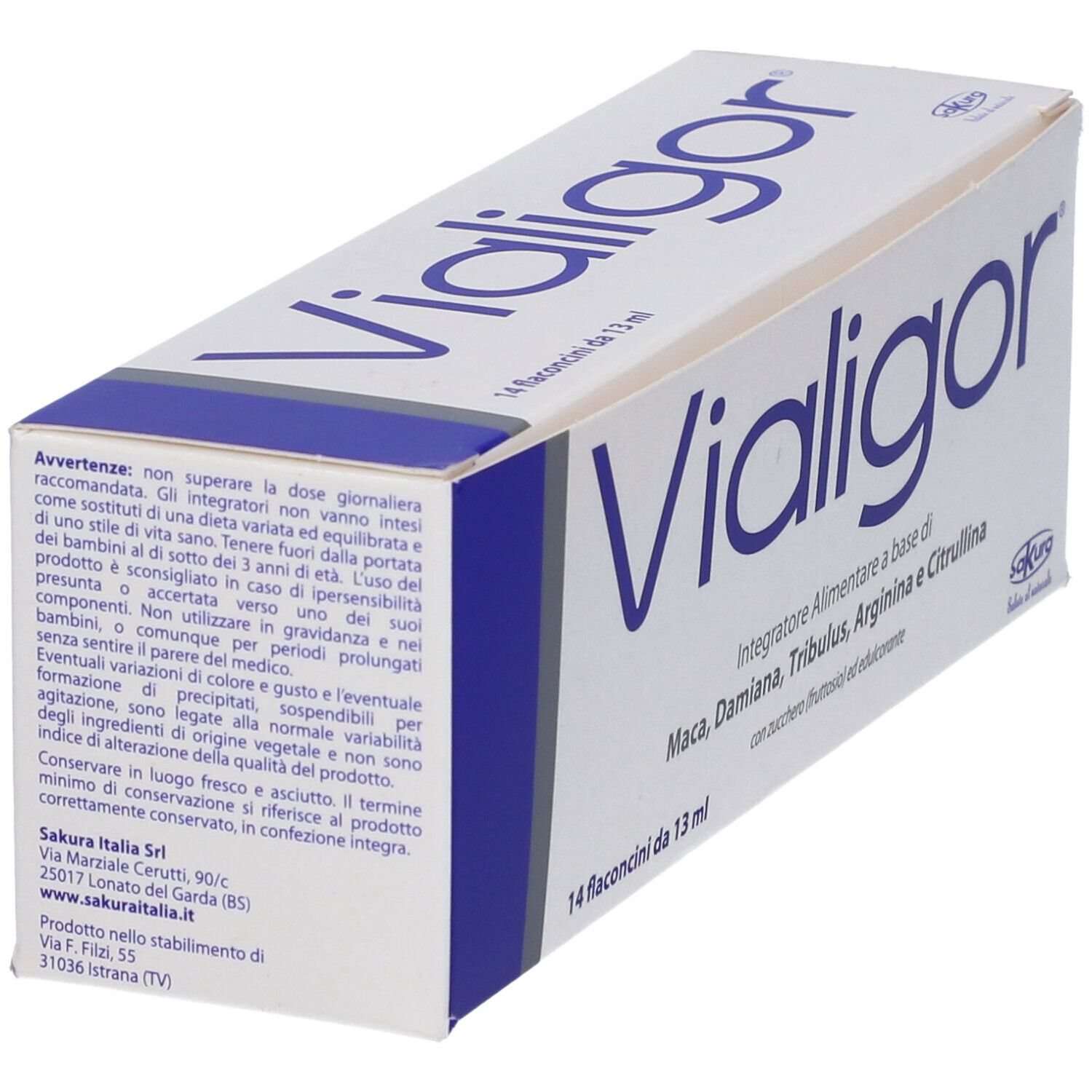 Confezione Vialigor. Scatola bianca con coperchio blu. Informazioni prodotto e avvertenze.