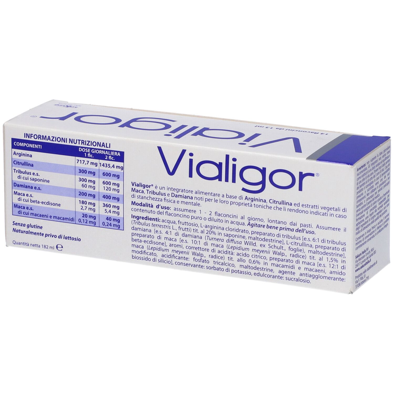 Confezione Vialigor. Scatola bianca con coperchio blu. Informazioni nutrizionali e descrizione prodotto.