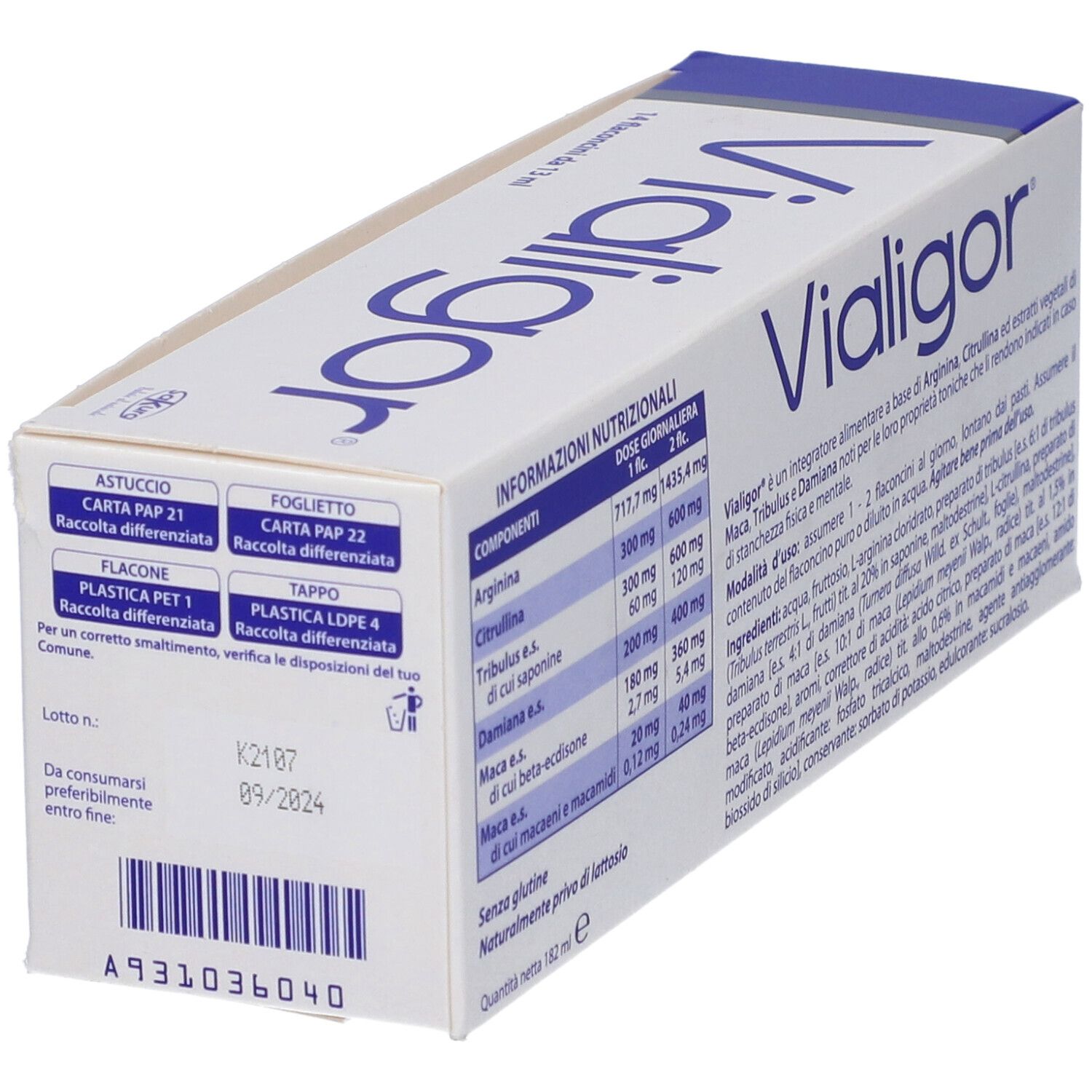 Confezione Vialigor. Scatola bianca con coperchio blu. Retro con ingredienti e informazioni.