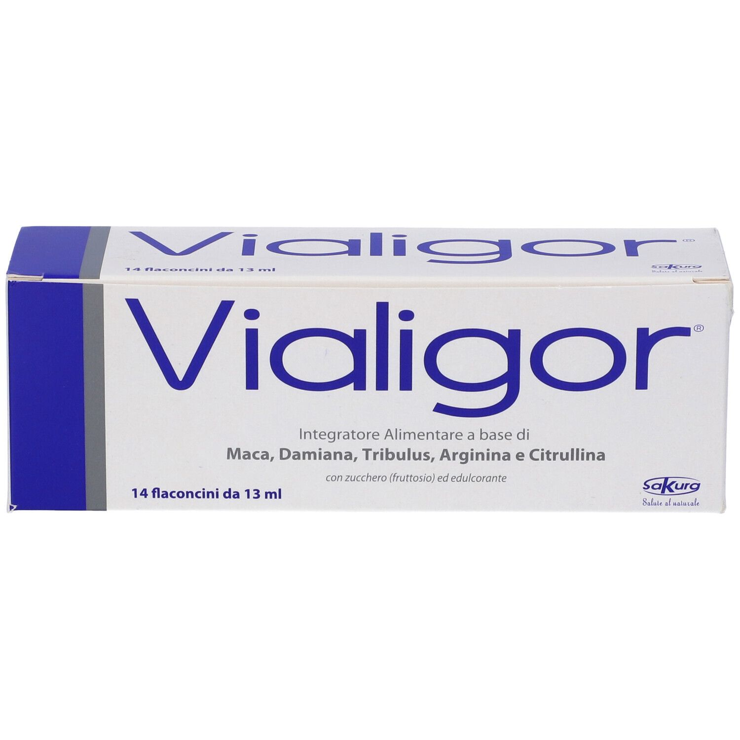 Confezione Vialigor. Scatola bianca con coperchio blu. Scritta Vialigor e informazioni prodotto.
