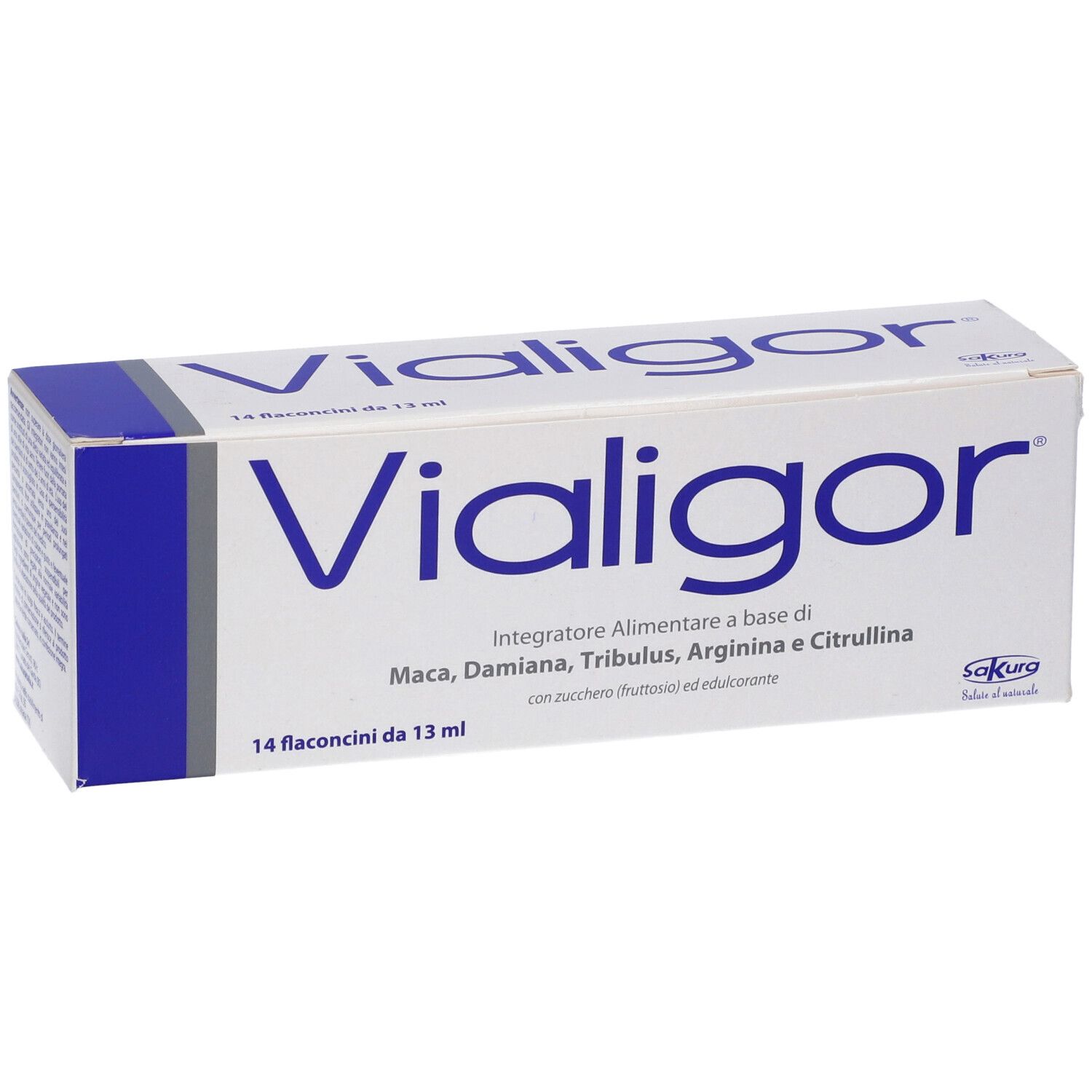Confezione Vialigor. Scatola bianca con coperchio blu. Scritta Vialigor e informazioni prodotto.