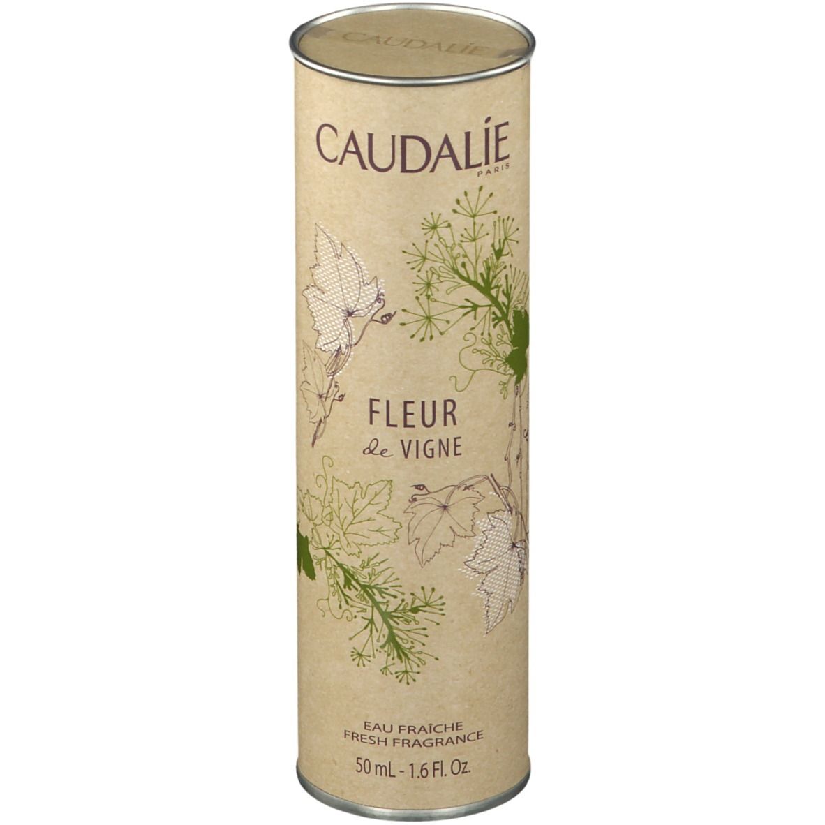 Confezione cilindrica in cartone. Scritta Caudalie, Fleur de Vigne, Eau Fraîche.