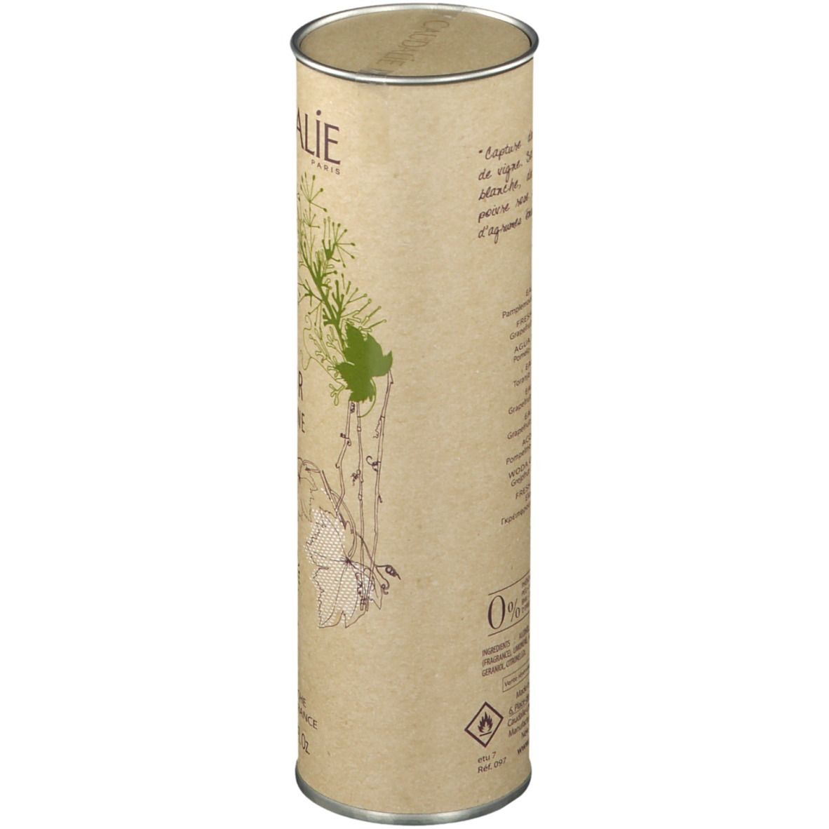 Confezione cilindrica in cartone. Testo e illustrazioni. Scritta Caudalie, Fleur de Vigne.
