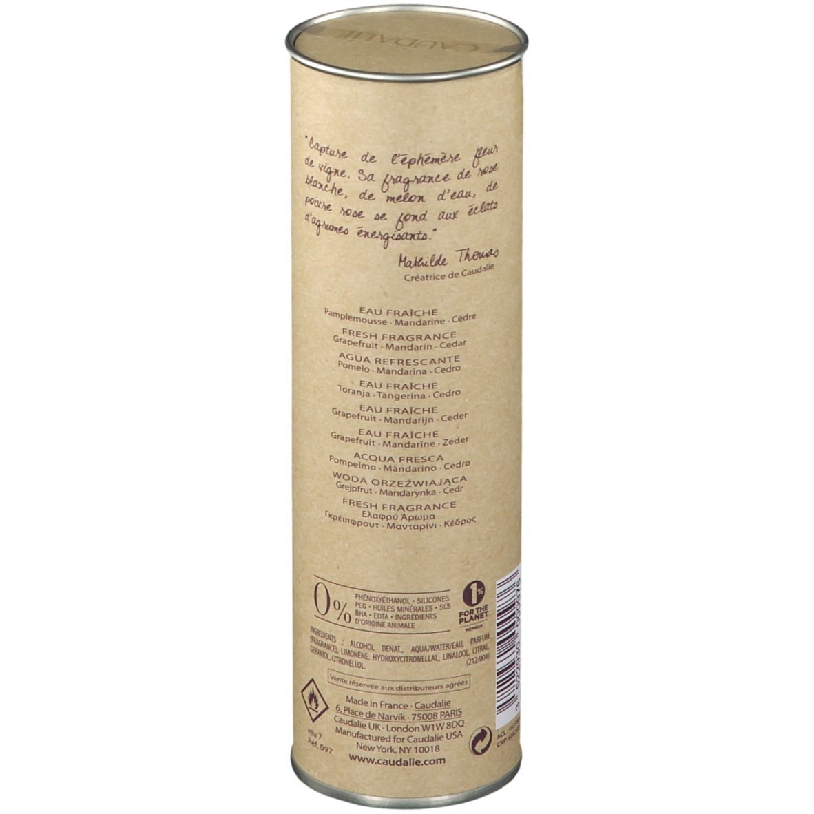 Confezione cilindrica in cartone. Testo multilingue. Scritta Caudalie, Fleur de Vigne.