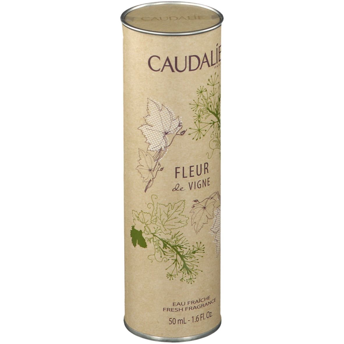 Confezione cilindrica in cartone. Scritta Caudalie, Fleur de Vigne, Eau Fraîche.