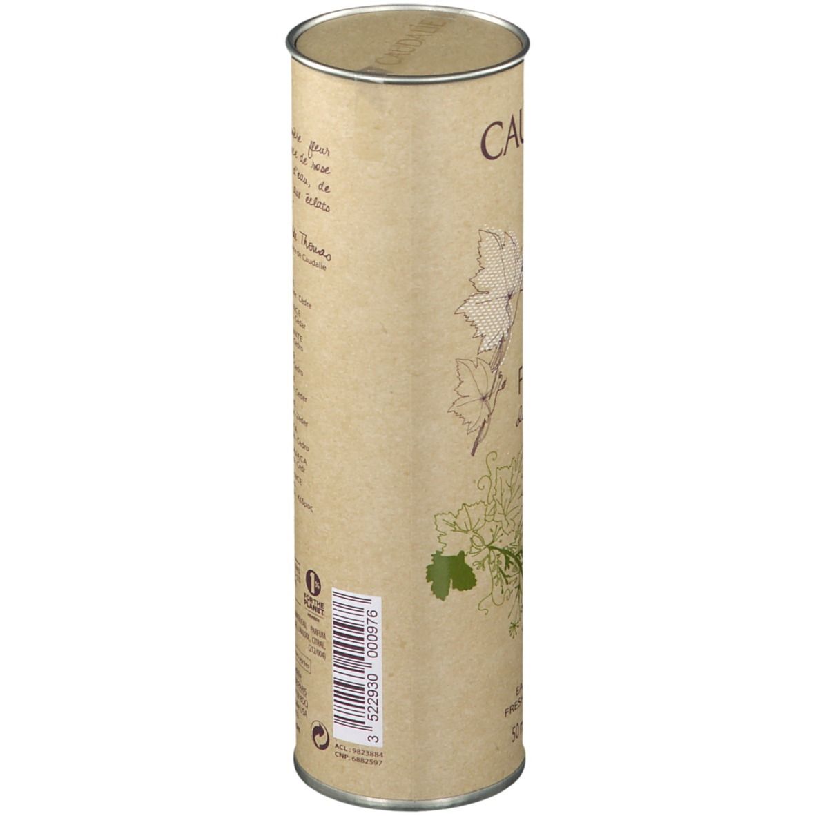 Confezione cilindrica in cartone. Scritta Caudalie, Fleur de Vigne, 50 ml.