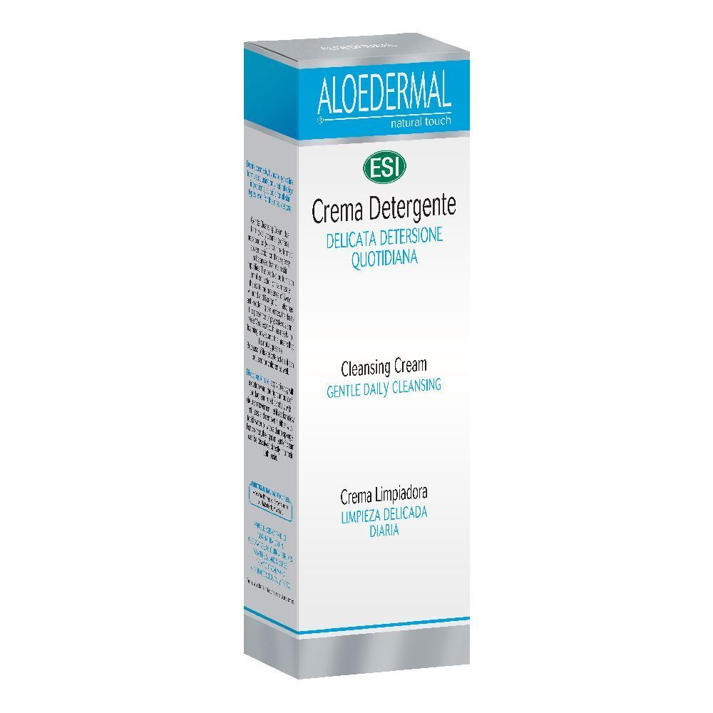 Scatola bianca con parte superiore blu. Testo: Aloedermal, ESI, Crema Detergente, Cleansing Cream, Crema Limpiadora.