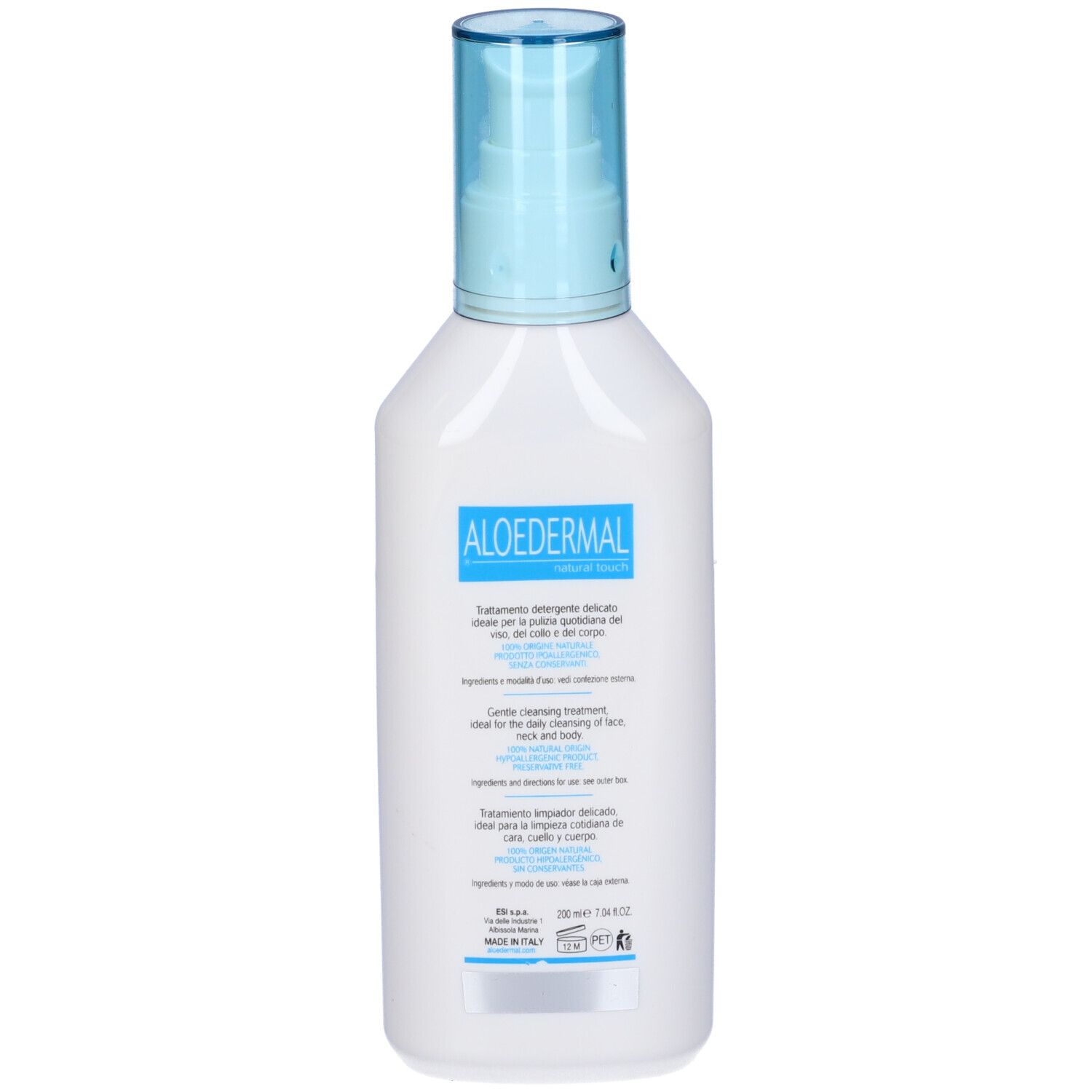 Flacone bianco con erogatore blu. Vista posteriore. Testo: Aloedermal, Crema Detergente, Cleansing Cream.