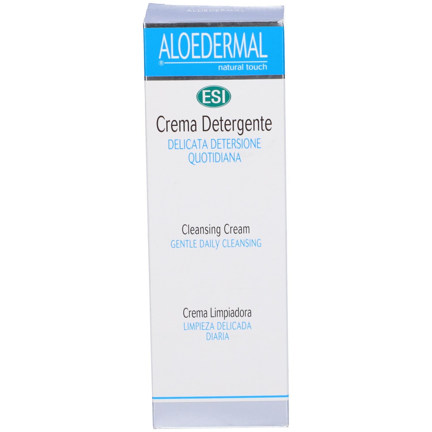 Scatola pieghevole bianca con parte superiore blu. Testo: Aloedermal, ESI, Crema Detergente, Cleansing Cream, Crema Limpiadora.