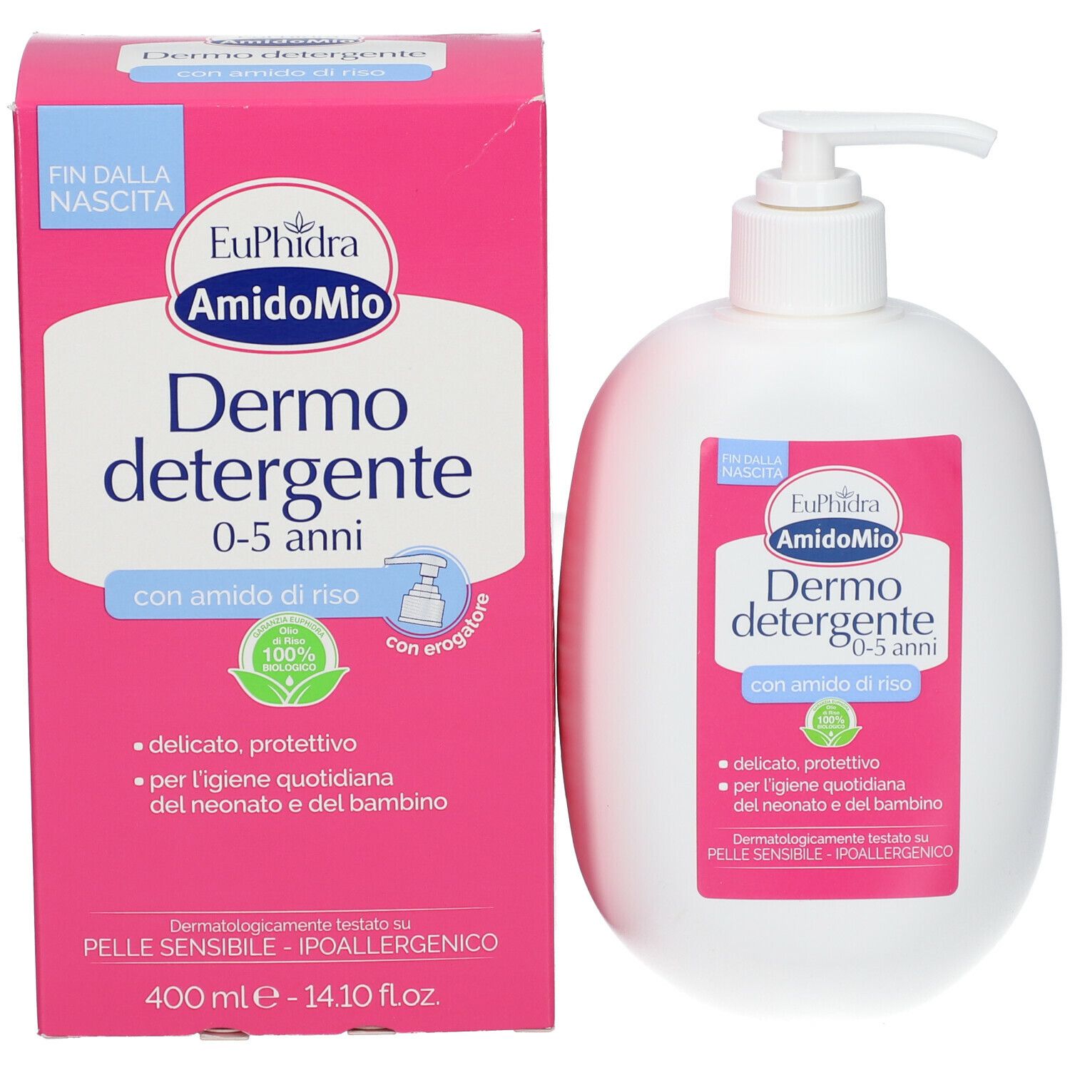 Prodotto e confezione. Scatola rosa e dispenser bianco. Scritta: Euphidra Amidomio Dermo detergente.