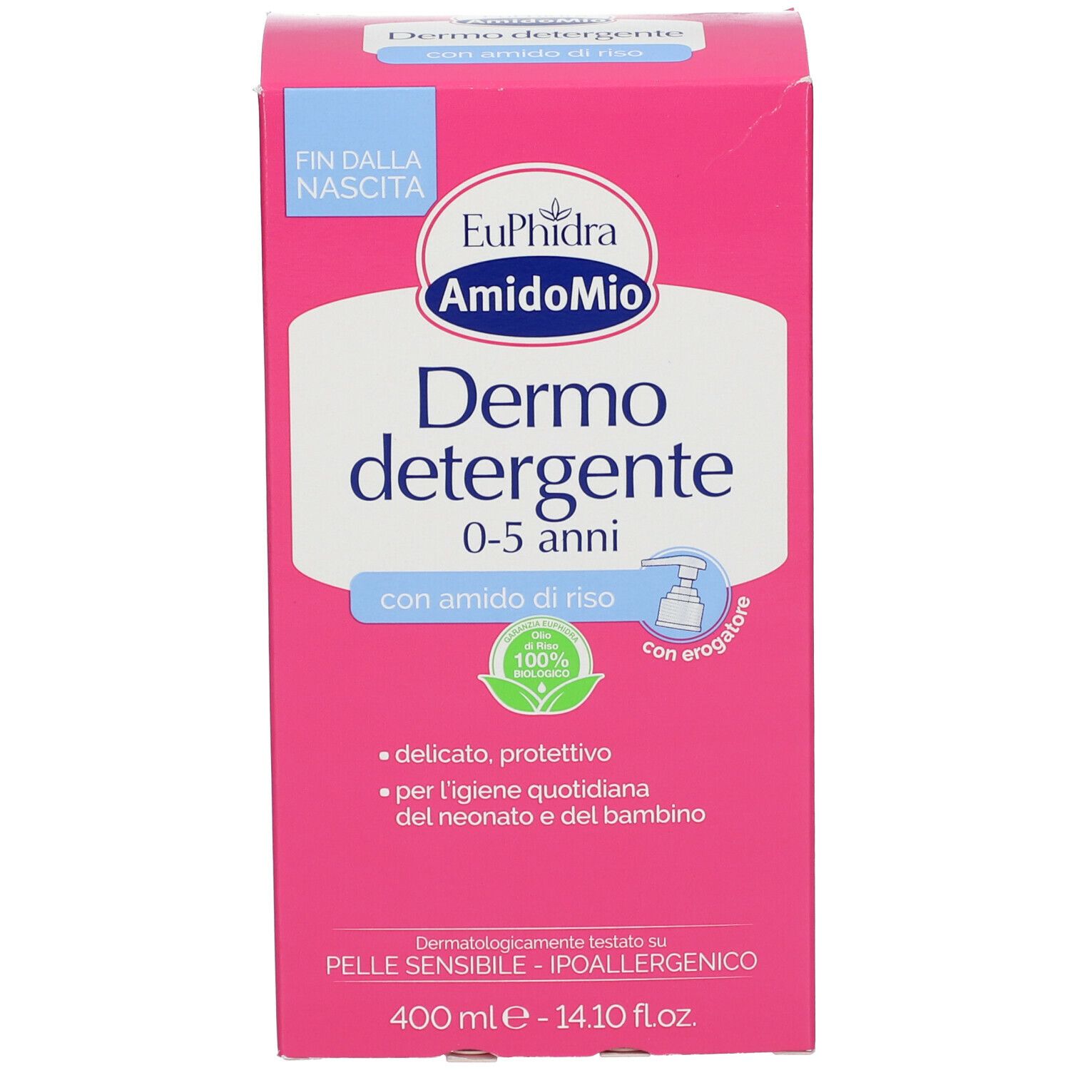 Scatola rosa con scritta: Euphidra Amidomio Dermo detergente 0-5 anni. Con logo e testo.