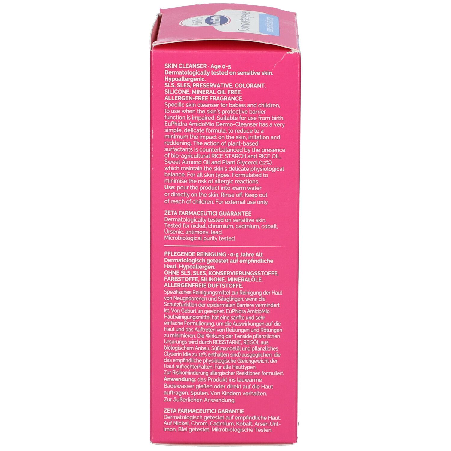 Vista dettagliata della scatola rosa. Testo in italiano. Scritta: Euphidra Amidomio.