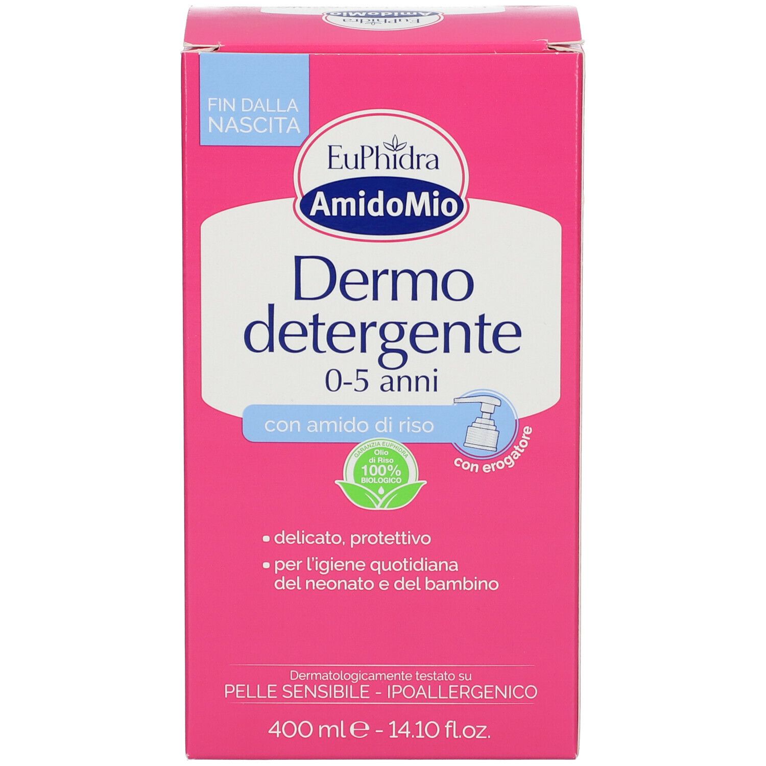 Scatola rosa con scritta: Euphidra Amidomio Dermo detergente 0-5 anni. Con logo e testo.