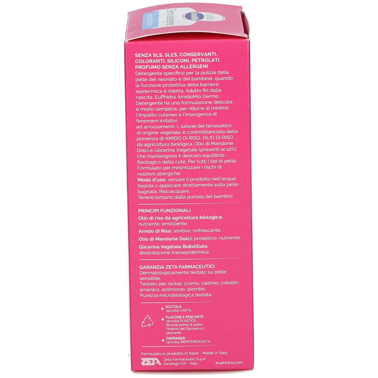 Vista dettagliata della scatola rosa. Testo in italiano. Scritta: Euphidra Amidomio.