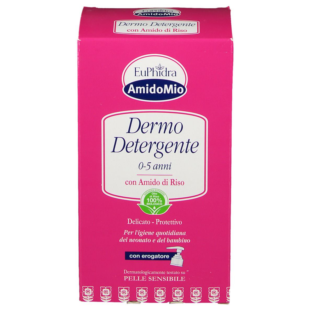 Scatola rosa con scritta: Euphidra Amidomio Dermo detergente 0-5 anni. Con logo e testo.