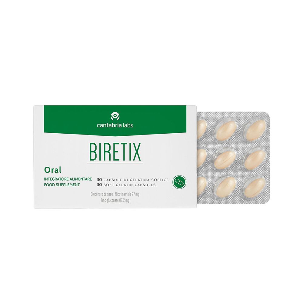 Scatola bianca con dettagli verdi. Contiene blister di capsule. Scritto: Biretix Oral, 30 capsule.