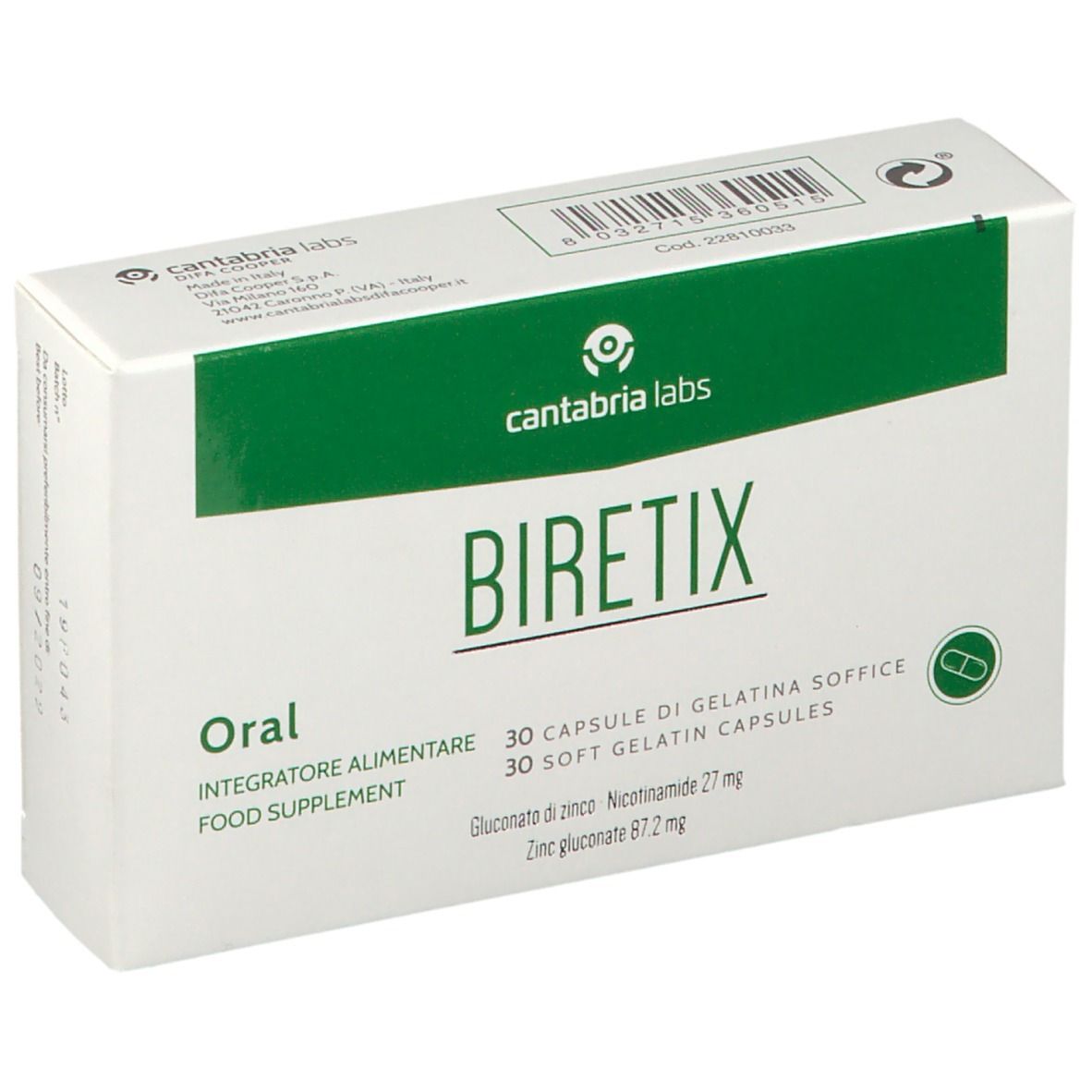 Scatola bianca con dettagli verdi. Scritto: Biretix Oral, 30 capsule. Logo del produttore.