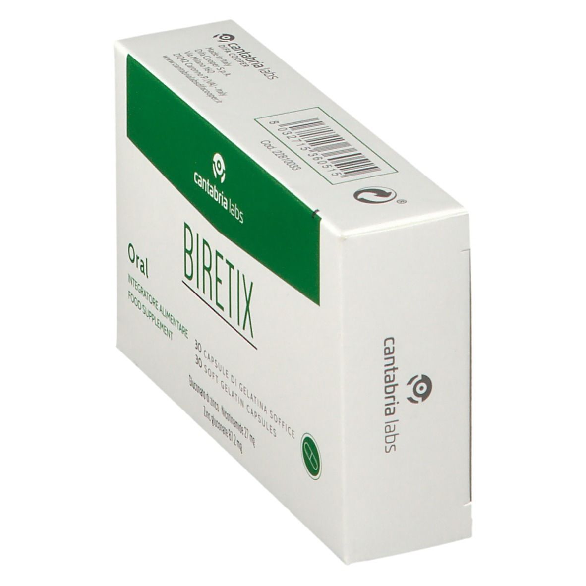 Scatola, bianca con dettagli verdi. Scritto: Biretix Oral, 30 capsule. Logo del produttore.