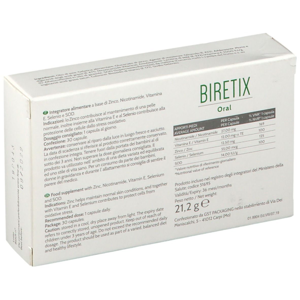 Scatola, bianca con dettagli verdi. Scritto: Biretix Oral, 30 capsule. Retro con testo e informazioni nutrizionali.