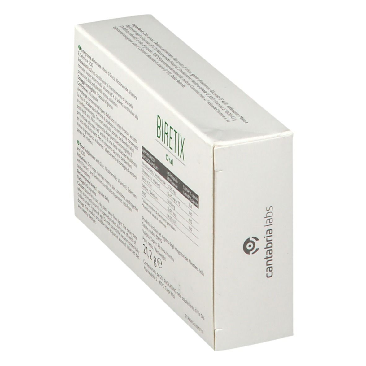 Scatola, bianca con dettagli verdi. Scritto: Biretix Oral, 30 capsule. Retro con testo e informazioni nutrizionali.
