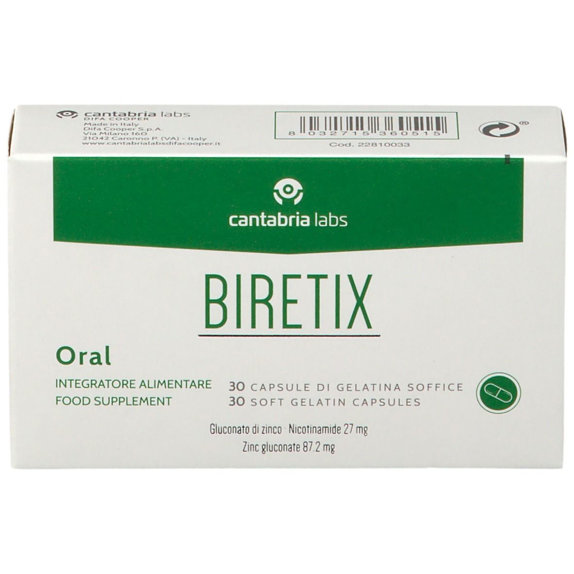 Scatola, bianca con dettagli verdi. Scritto: Biretix Oral, 30 capsule. Retro con testo e informazioni nutrizionali.