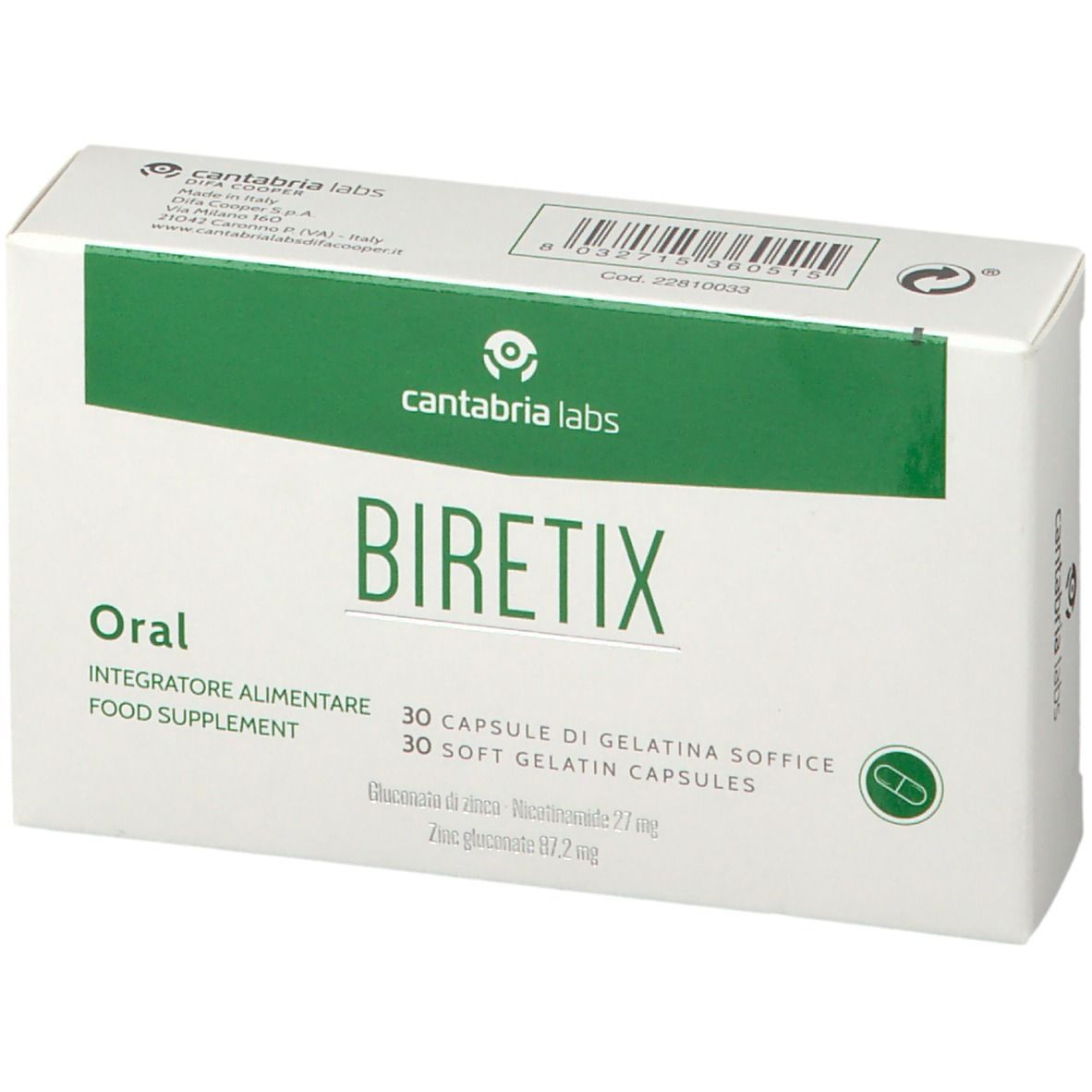 Scatola, bianca con dettagli verdi. Scritto: Biretix Oral, 30 capsule. Logo del produttore.